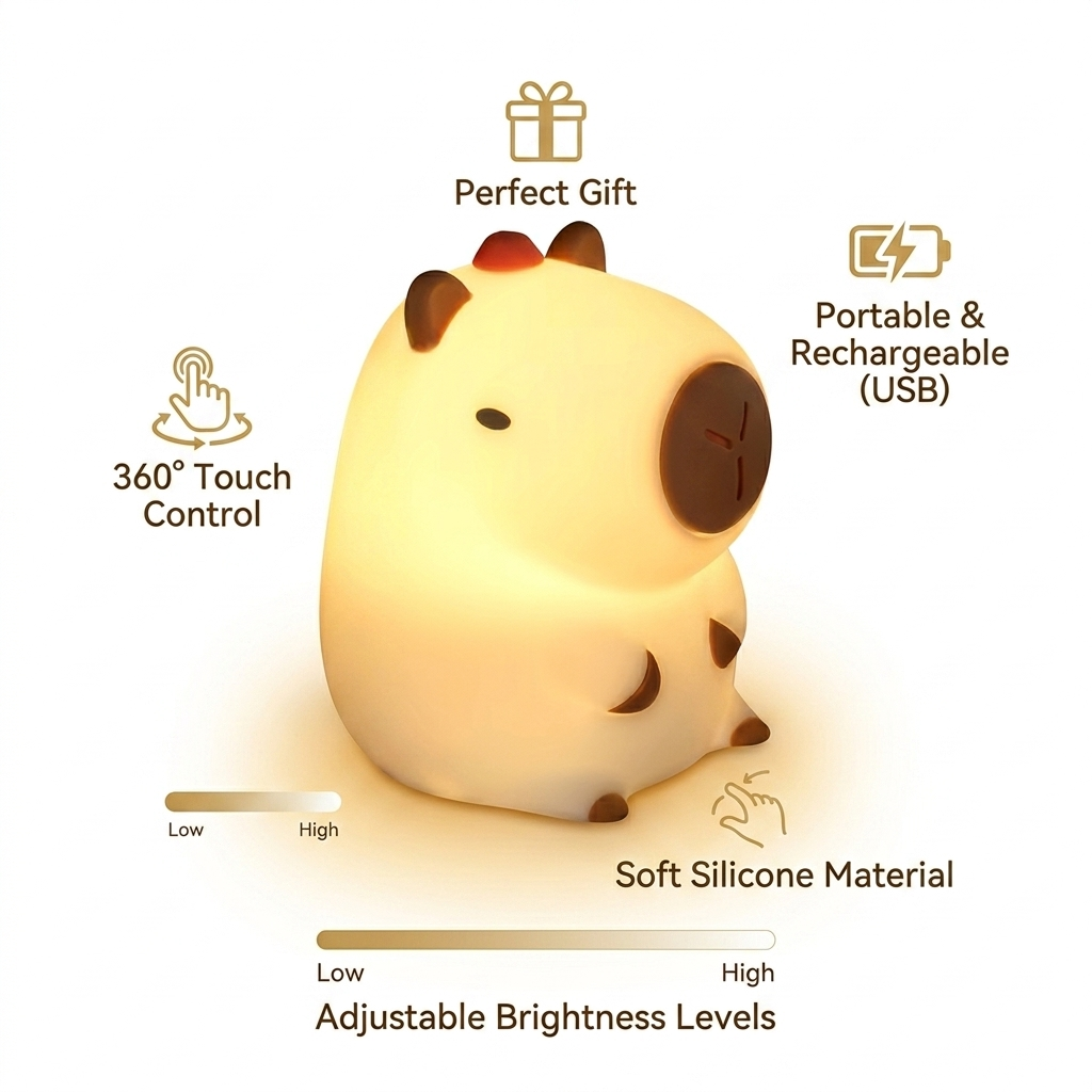 La lámpara nocturna de silicona táctil recargable Capy Light de Slumbara